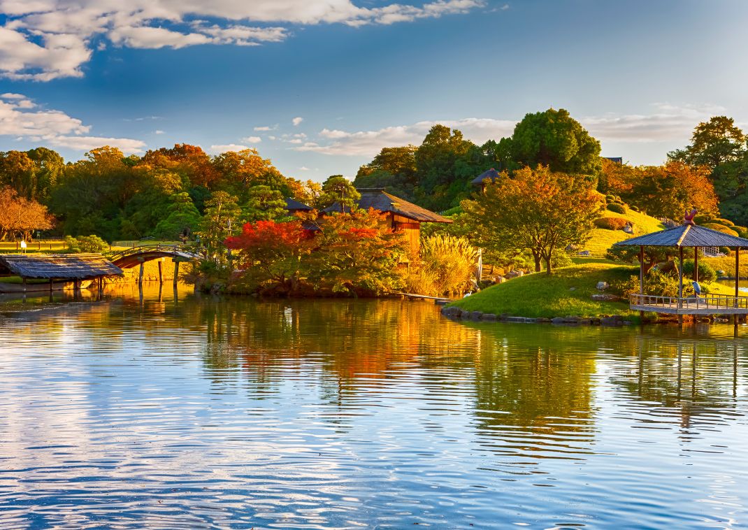 Traditional Japanese Garden with Kayo-no-ike Pond in Okayama Korakuen Garden in Okayama, Japan