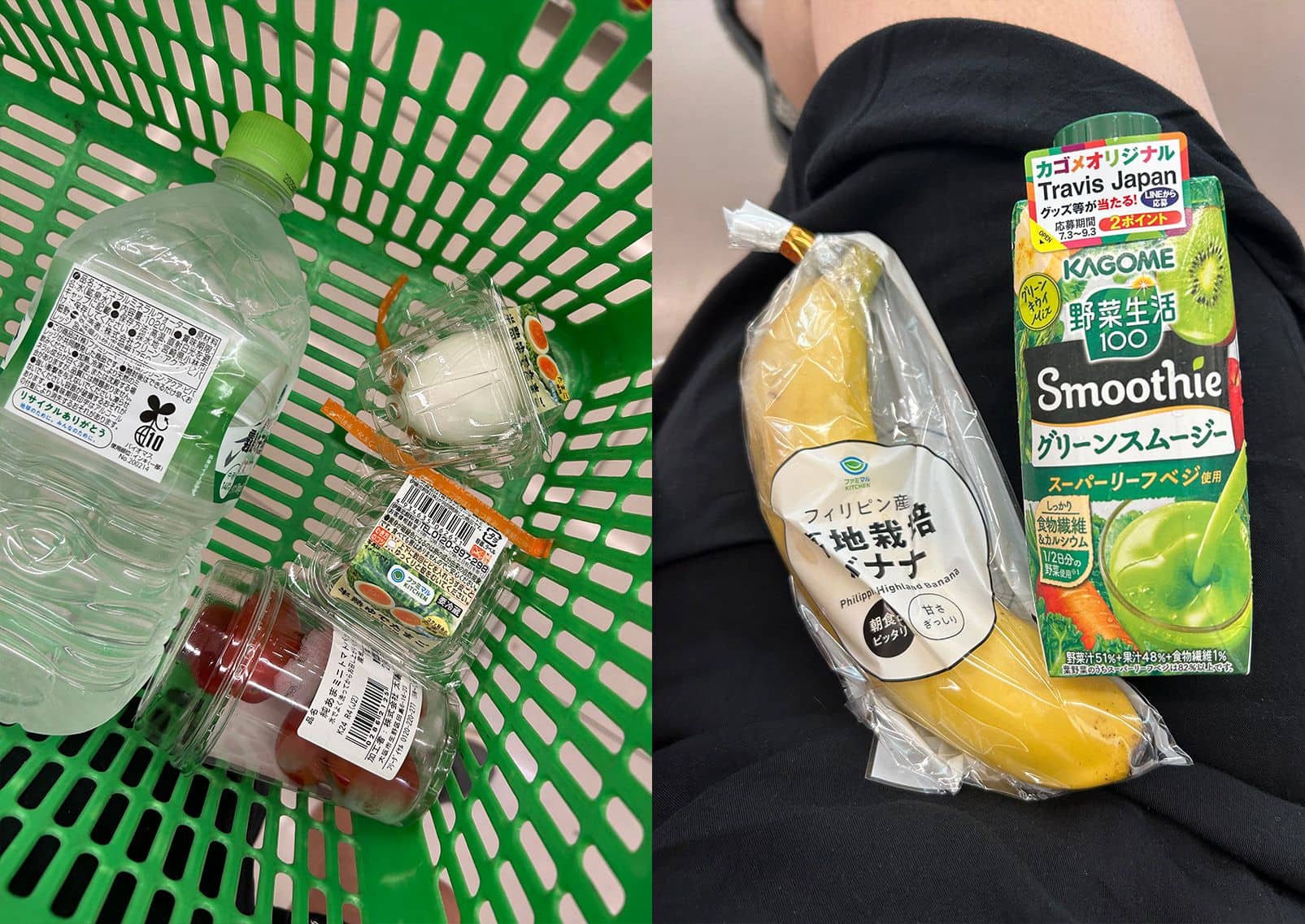 Convenience store products in basket, Japan
