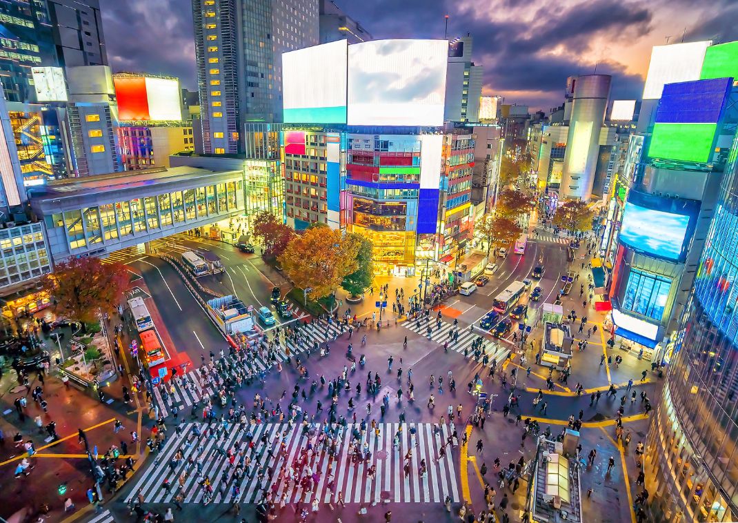 Shibuya Crossing i skymningen i Tokyo, Japan