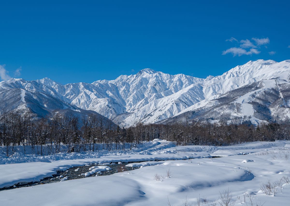 Snöklädda berg under klarblå himmel – vinteridyll i Hakuba, Japan