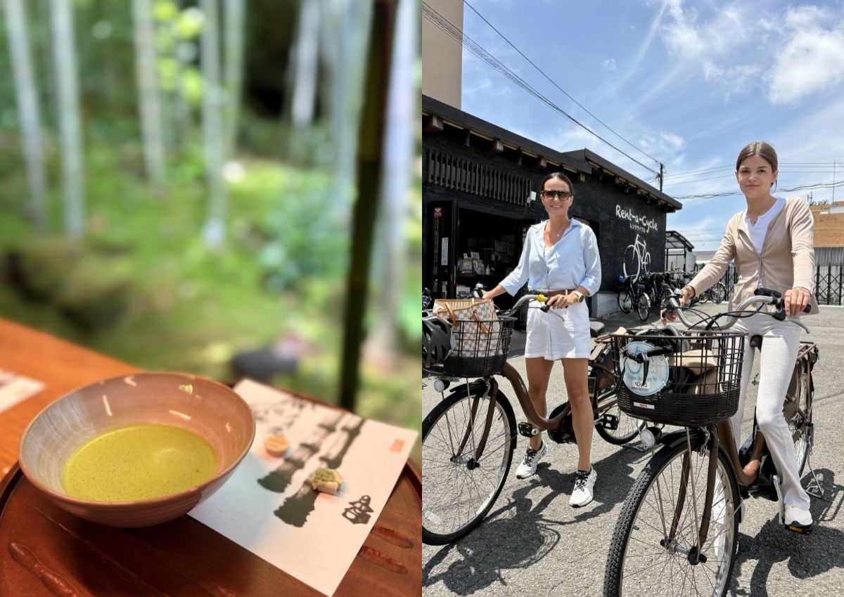 Matcha i en bambulund samt mamma och tonårsdotter med cyklar i Kamakura.
