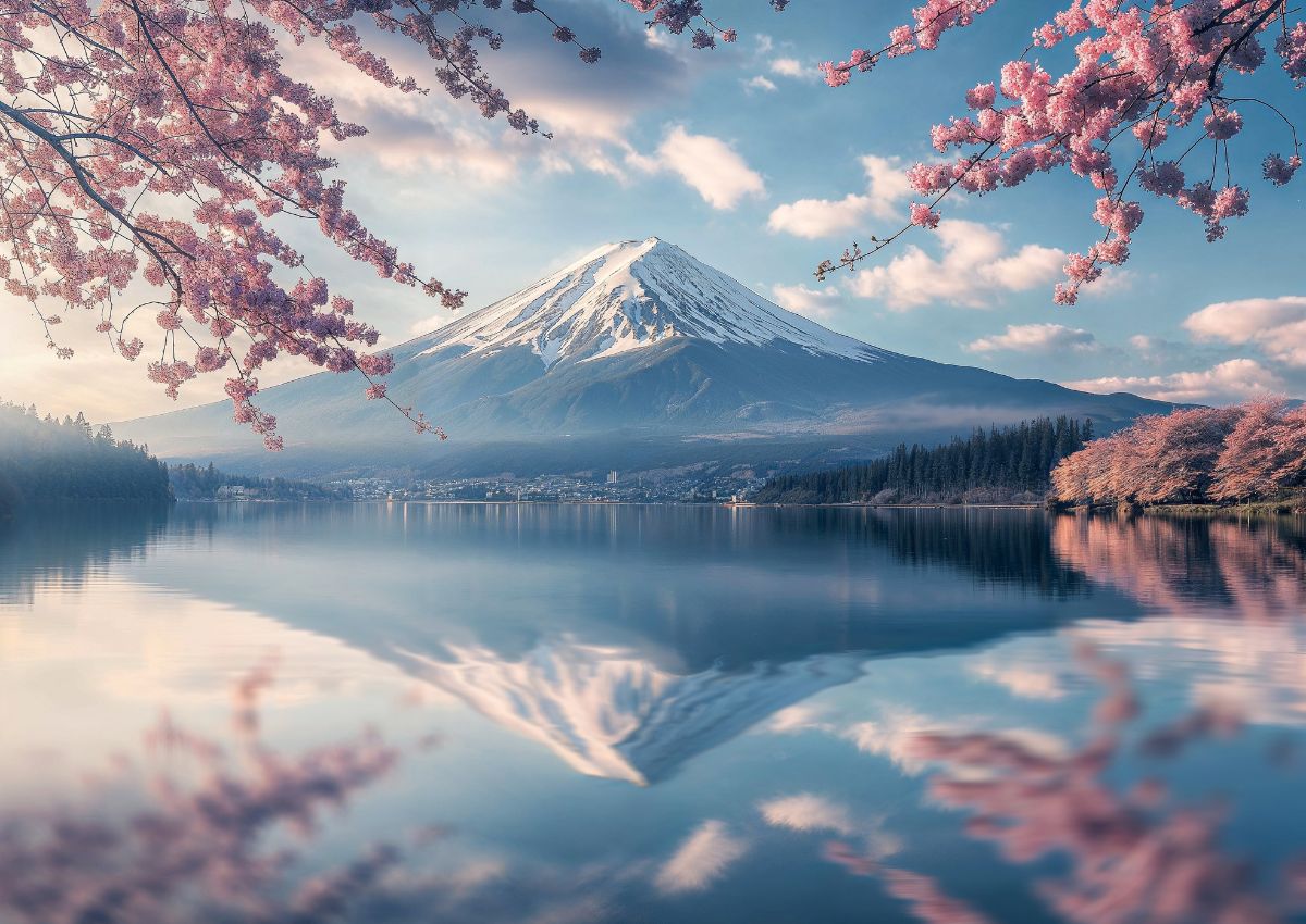 Fujiberget med körsbärsblommor på våren i Japan