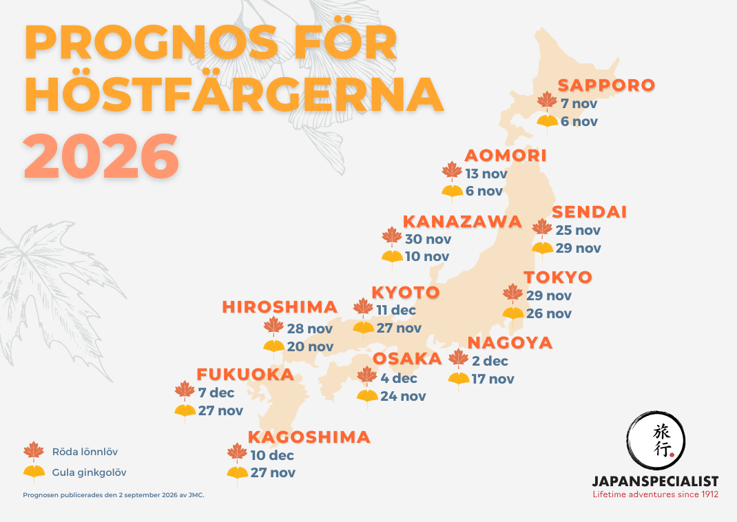 Karta över prognosen för höstfärgerna i Japan 2026.