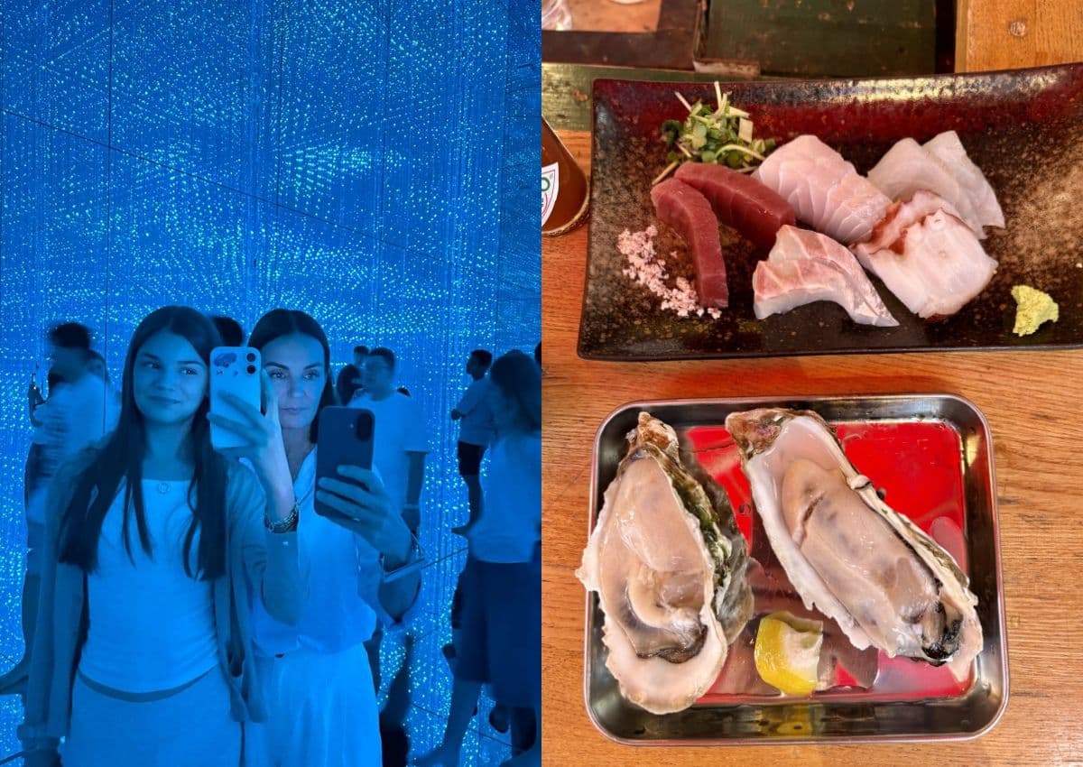 Mamma och tonårsdotter på teamLab Planets i Tokyo samt sushi och sashimi på Tsukiji.