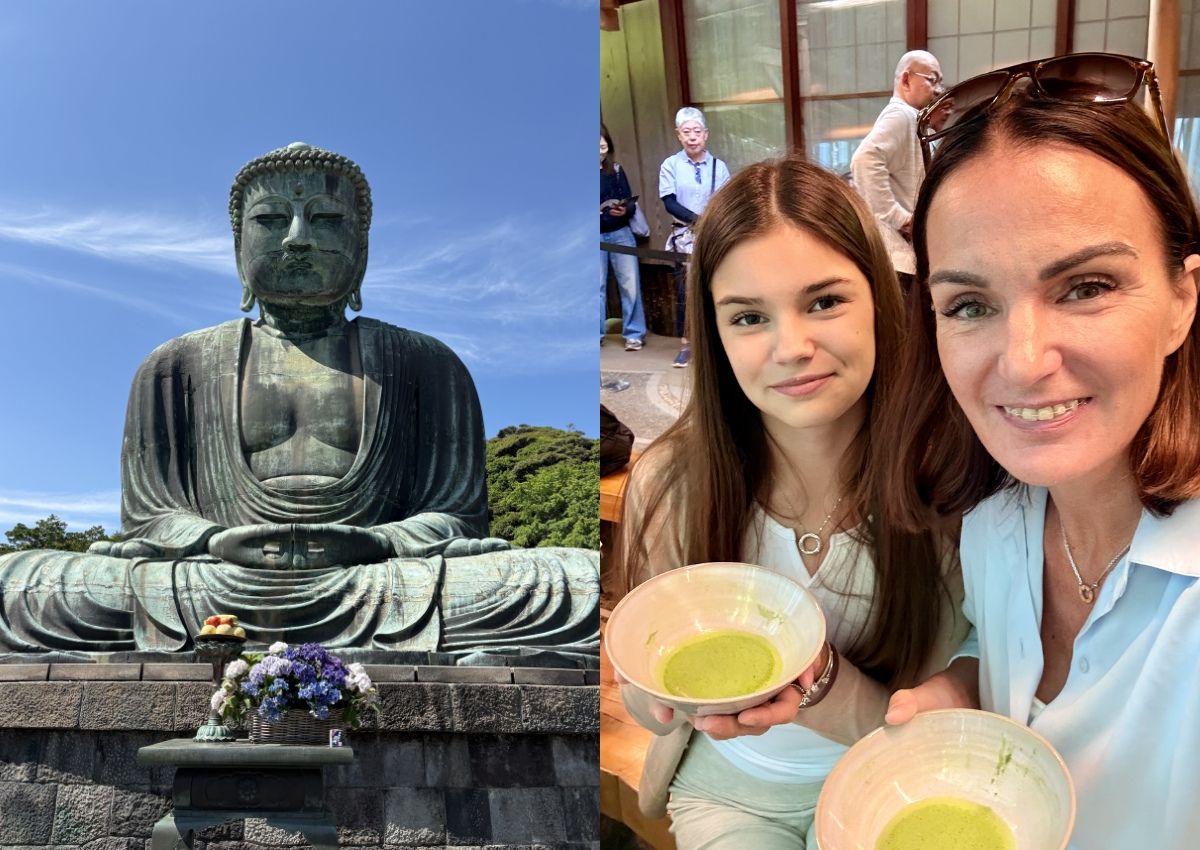 Den stora Buddhan i Kamakura samt mamma och tonårsdotter med varsin skål matcha.