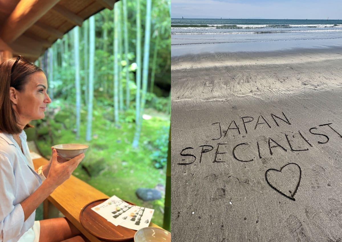 Mamma dricker grönt te i Kamakura och Japanspecialist är skrivet i sanden på Kamakura Beach.