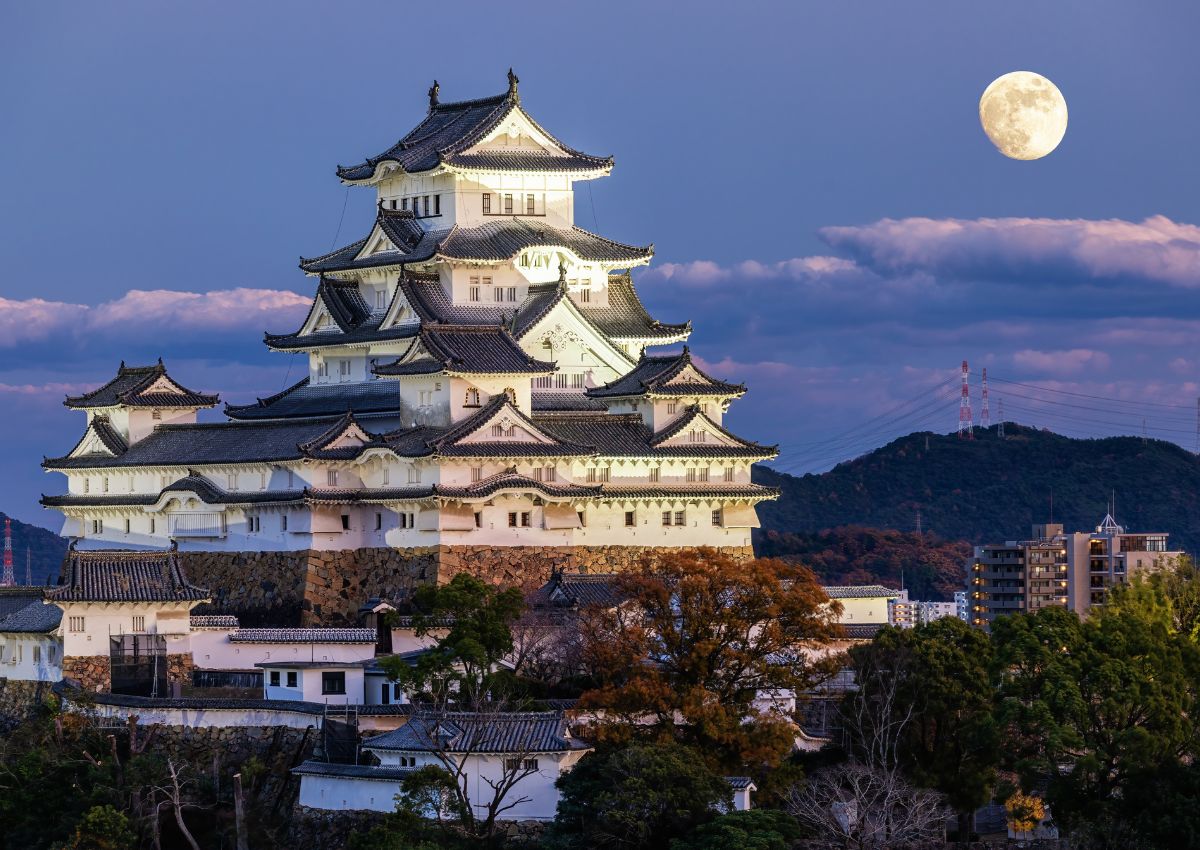 Historiskt slott i Japan på natten med fullmåne