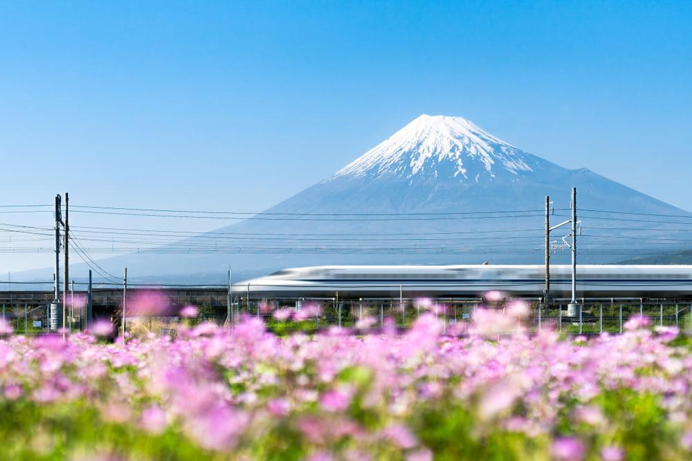 Shinkansen-tåg på väg förbi Fuji-berget