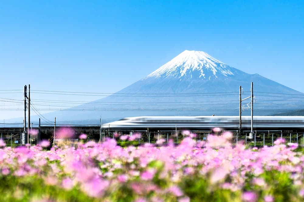 Shinkansen-tåget passerar Fuji-berget, Yoshiwara, Shizuoka-prefekturen, Japan
