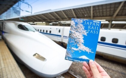 Hand som håller i en Japan Rail Pass-biljett framför en Shinkansen på Tokyo Station