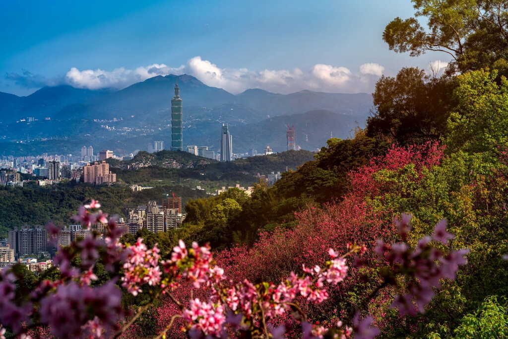 Vårpanorama över Taipei med skyskrapor 